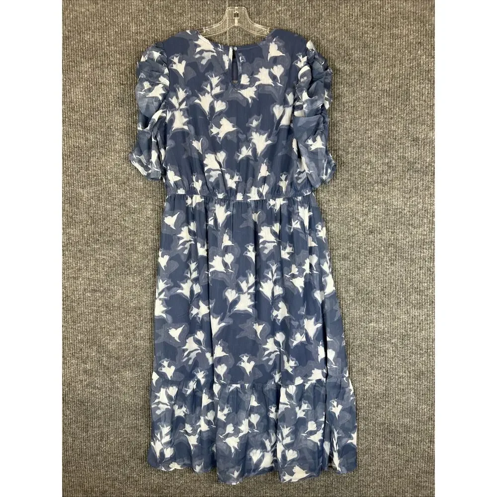 Destination 365 Reg Printed Chiffon Midi Dress Womens Large Blue Indigo Floral